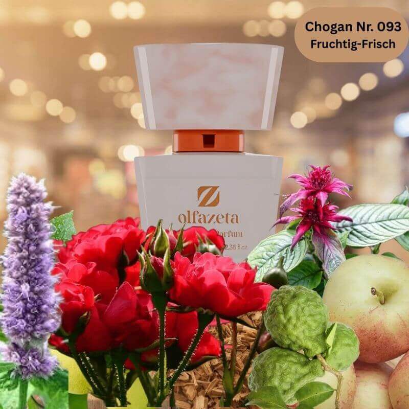 Eleganter heller Flakon des Chogan Damen Parfum Nr. 093 mit fruchtigen und floralen Duftnoten – fruchtig-frischer Damenduft als 70 ml Extrait de Parfum