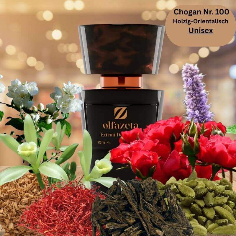 Eleganter schwarzer Flakon des Chogan Parfum Nr. 100 mit Rose, Safran und Holznoten – holzig-orientalischer Unisexduft als 70 ml Extrait de Parfum