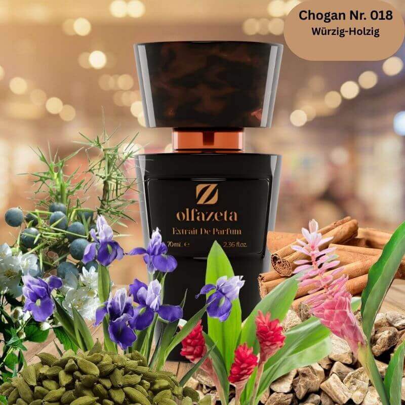 Herrenparfum Chogan Nr. 018 von Olfazeta als Extrait de Parfum in einem schwarzen 70-ml-Flakon, umgeben von würzig-holzigen Duftnoten wie Kardamom, Zimt und Blumen, Produktfoto für Parfumzauber.