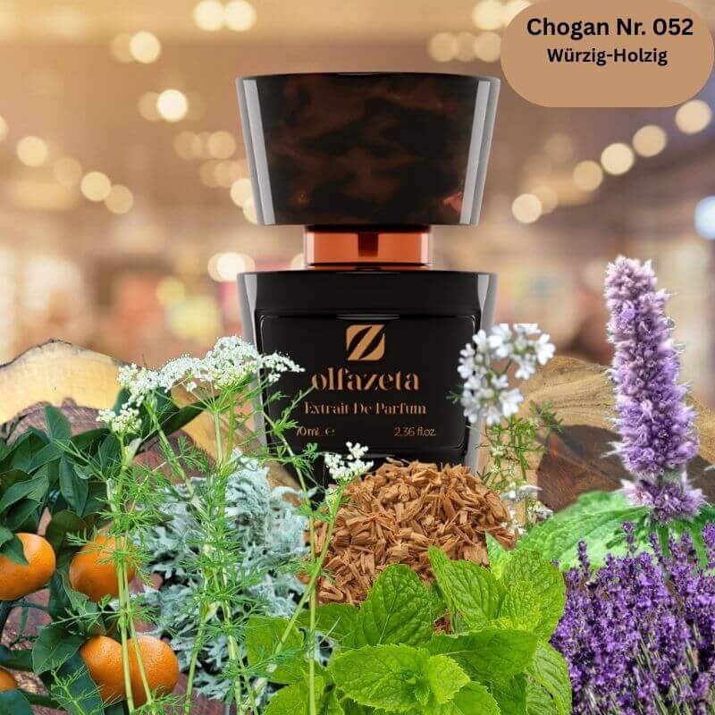 Schwarzer 70-ml-Flakon des Chogan Herrenparfums Nr. 052 mit würzig-holzigen Duftnoten, umgeben von Minze, Lavendel, Hölzern, Gewürzen und Kräutern.