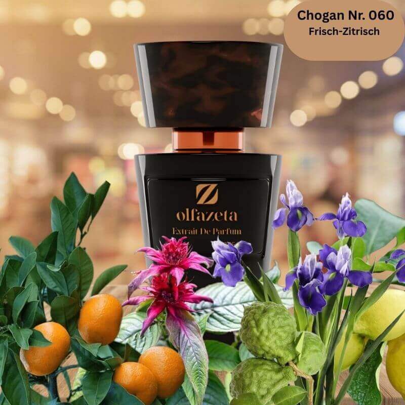 Schwarzer 70-ml-Flakon des Chogan Herrenparfums Nr. 060 mit frisch-zitrischen Duftnoten, umgeben von Zitrusfrüchten, Iris, Meersalz und marinen Akkorden.