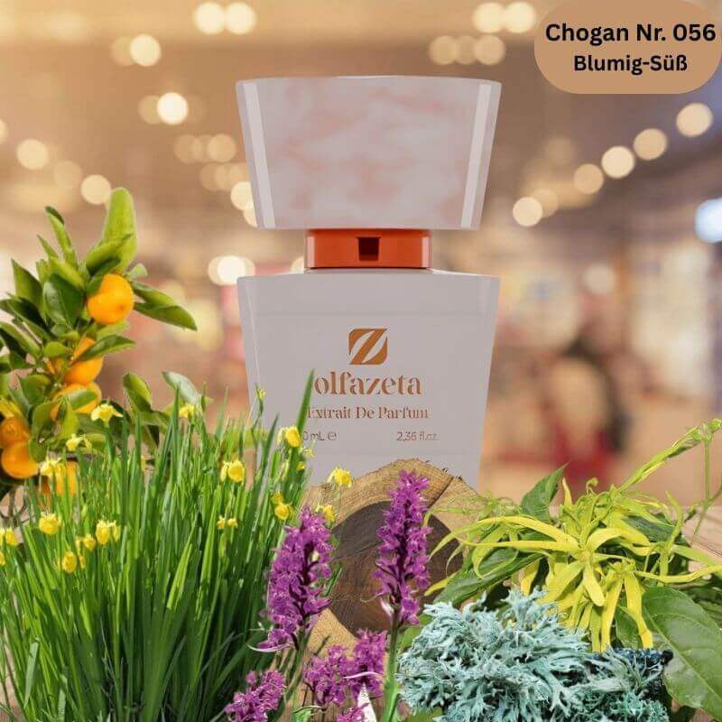 Eleganter 70-ml-Flakon des Chogan Damenparfums Nr. 056 mit blumig-süßen Noten, umgeben von Mandarine, Safran, Lilie, Orchidee und Ylang-Ylang.