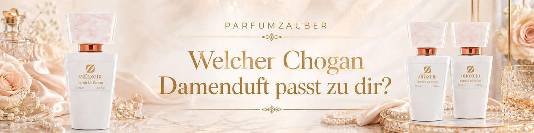 Helles Blogbanner zur Chogan Damenduft Beratung mit weißen Olfazeta Flakons, Rosen, Perlen und femininen Duftnoten.