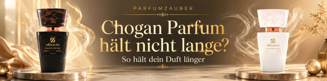 Goldenes Blogbanner mit schwarzen und weißen Chogan Olfazeta Flakons, Duftwolken und Tipps für längere Duftwirkung von Chogan Parfum.
