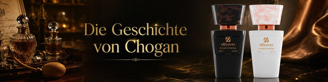 Banner zur Geschichte von Chogan, Olfazeta und der Entwicklung der Parfumflakons.