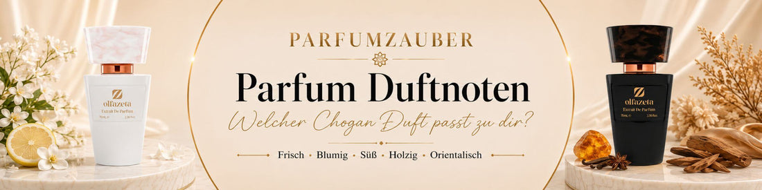 Parfum Duftnoten und Chogan Dufttypen bei Parfumzauber mit weißen und schwarzen Olfazeta Flakons
