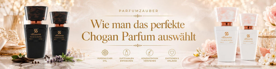 Helles Blogbanner zum Ratgeber Wie man das perfekte Chogan Parfum auswählt mit schwarzen und weißen Olfazeta Flakons.