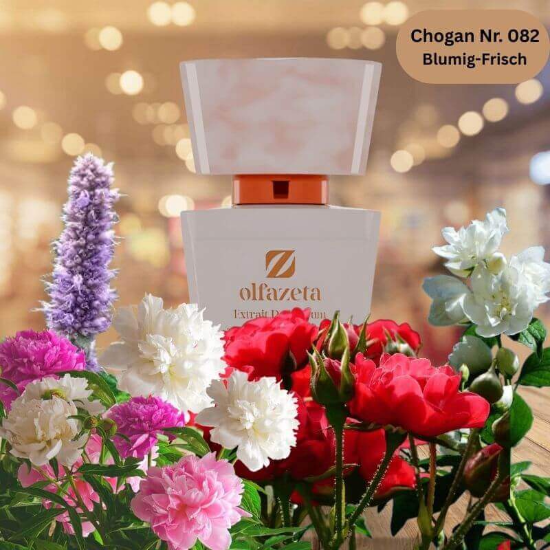 Eleganter heller Flakon des Chogan Damen Parfum Nr. 082 mit Blumen und rosa Pfeffer – blumig-frischer Damenduft als 70 ml Extrait de Parfum