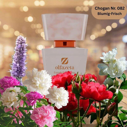 Eleganter heller Flakon des Chogan Damen Parfum Nr. 082 mit Blumen und rosa Pfeffer – blumig-frischer Damenduft als 70 ml Extrait de Parfum