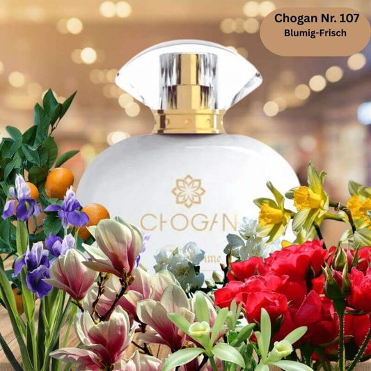 Eleganter heller Flakon des Chogan Damen Parfum Nr. 107 mit floralen Duftnoten – blumig-frischer Damenduft als 100 ml Extrait de Parfum