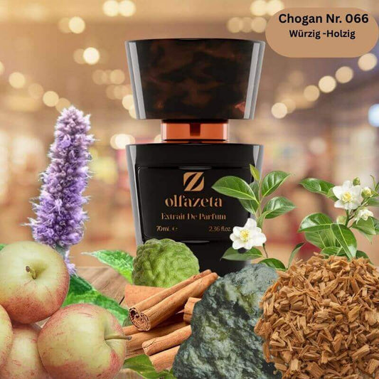 Eleganter schwarzer Flakon des Chogan Herren Parfum Nr. 066 mit Apfel, Zimt und Holznoten – würzig-holziger Herrenduft als 70 ml Extrait de Parfum