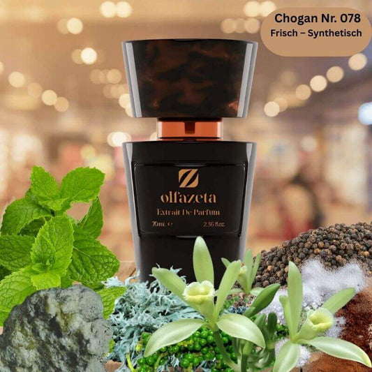 Eleganter schwarzer Flakon des Chogan Herren Parfum Nr. 078 mit Minze, Pfeffer und Vanille – frisch-synthetischer Herrenduft als 70 ml Extrait de Parfum