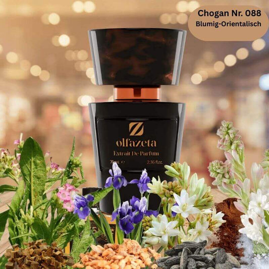 Eleganter schwarzer Flakon des Chogan Herren Parfum Nr. 088 mit floralen und orientalischen Duftnoten – blumig-orientalischer Herrenduft als 70 ml Extrait de Parfum