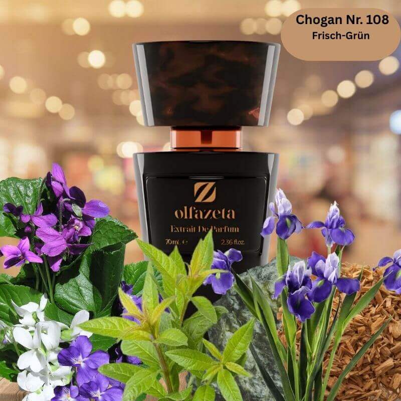 Eleganter schwarzer Flakon des Chogan Herren Parfum Nr. 108 mit grünen und floralen Duftnoten – frisch-grüner Herrenduft als 70 ml Extrait de Parfum