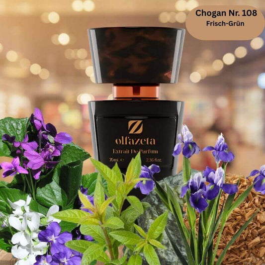 Eleganter schwarzer Flakon des Chogan Herren Parfum Nr. 108 mit grünen und floralen Duftnoten – frisch-grüner Herrenduft als 70 ml Extrait de Parfum