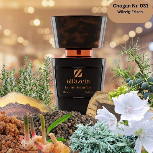 Schwarzer 70-ml-Flakon des Chogan Herrenparfums Nr. 031 mit würzig-frischen Duftnoten, umgeben von Gewürzen, Holz, Harz und aromatischen Pflanzen.