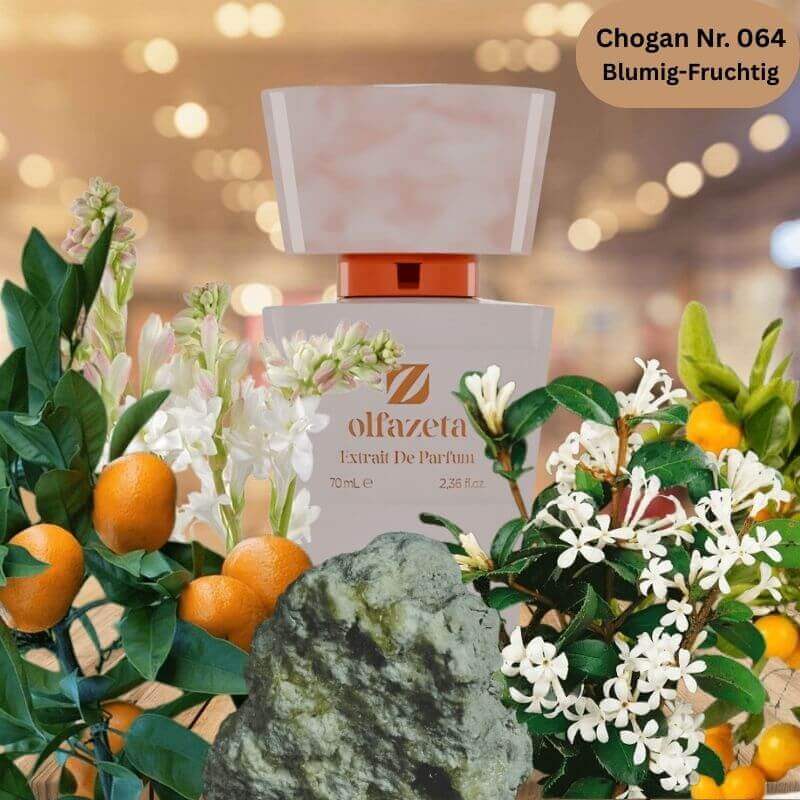 Eleganter 70-ml-Flakon des Chogan Parfum für Damen Nr. 064 mit blumig-fruchtigen und orientalischen Duftnoten.
